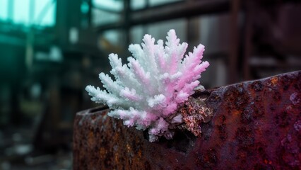Coral grows in unexpected environment, showcasing nature's resilience among rusted metal remnants