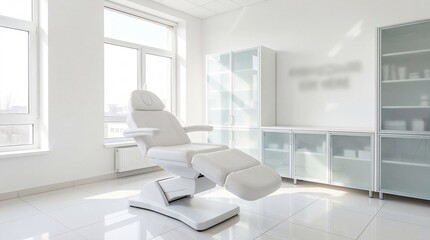 Modern and empty cosmetology or medical room with a white adjustable chair and cabinets next to bright windows for beauty treatments or healthcare purposes