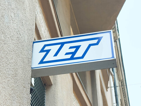 Zagreb, Croatia - December 14, 2025: ZET brand sign displayed prominently on a building exterior, showcasing modern design elements and vibrant blue colors against a neutral background