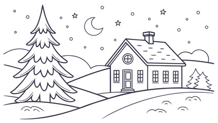 Fototapeta premium A serene winter scene with a house and pine trees under a starry night sky.