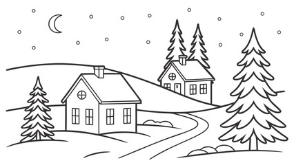 Obraz premium Snowy Winter Village Landscape Coloring Page. Simple line art illustration with houses, evergreen trees, path, and crescent moon.