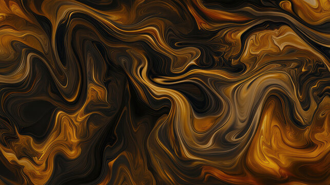 Abstract gold and black liquid marble swirls creating moody flowing texture and warm emotion