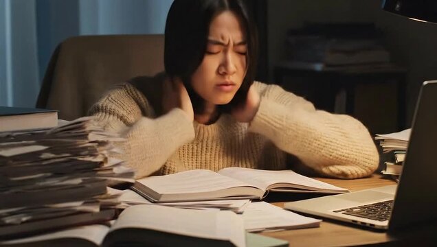 An exhausted young woman feels overwhelmed and stressed while studying late at night, surrounded by a mountain of books