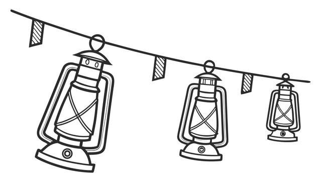 Black and White Line Art: Hanging Lanterns and Flags Decoration on a String
