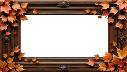 Autumn leaves adorn rustic wooden frame with ornate details