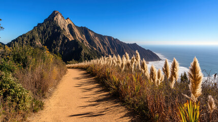 Coastal grassland ocean view cliff trail pampas grass mountain ridge seaside path panoramic