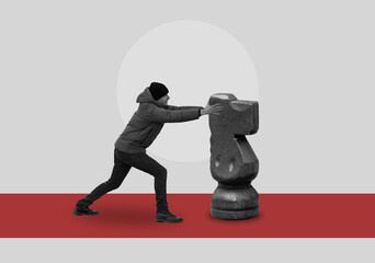 Collage art with a man pushing a chess knight © PumpedVisuals