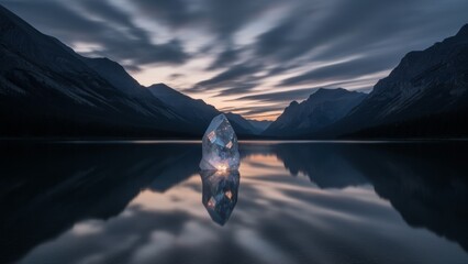 Refracted light dances across a serene mountain lake at dusk