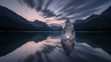 Glistening ice crystal reflects the serene beauty of a tranquil mountain lake at dusk