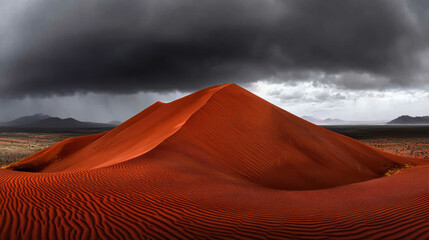 Red sand dune with rippled patterns under dramatic storm clouds, moody desert landscape