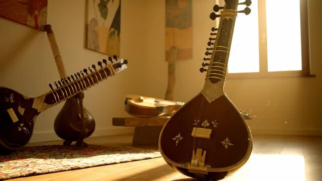 Sitar musical instrument on rug in sunlit room
