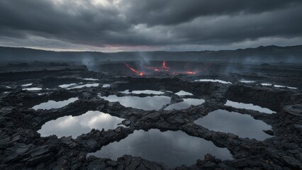 Majestic volcanic landscape with glowing lava at twilight beneath dramatic skies