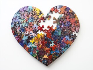 Heart-shaped jigsaw puzzle. Colorful puzzle pieces assembled into heart form with some missing parts on white background, symbolizing relationships, love, mental health and autism awareness