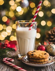 Collection of photos capturing Christmas Eve anticipation with a vintage glass of milk and striped straw, gooey chocolate chip cookie on a ceramic plate, golden ambiance
