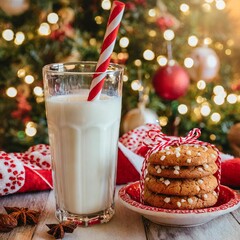 Collection of photos capturing Christmas Eve anticipation with a vintage glass of milk and striped straw, gooey chocolate chip cookie on a ceramic plate, golden ambiance