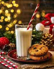 Collection of photos capturing Christmas Eve anticipation with a vintage glass of milk and striped straw, gooey chocolate chip cookie on a ceramic plate, golden ambiance