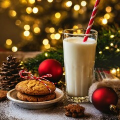 Collection of photos capturing Christmas Eve anticipation with a vintage glass of milk and striped straw, gooey chocolate chip cookie on a ceramic plate, golden ambiance