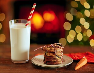 Collection of photos capturing Christmas Eve anticipation with a vintage glass of milk and striped straw, gooey chocolate chip cookie on a ceramic plate, golden ambiance