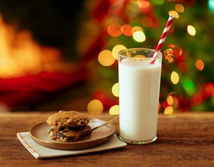 Collection of photos capturing Christmas Eve anticipation with a vintage glass of milk and striped straw, gooey chocolate chip cookie on a ceramic plate, golden ambiance