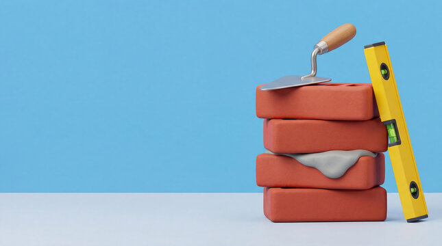 Construction concept with stack of red bricks trowel and spirit level