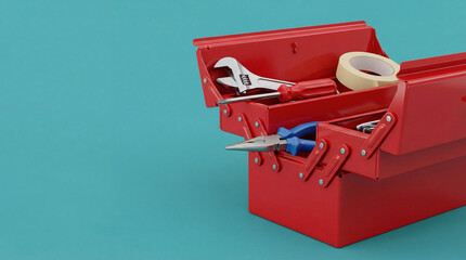 Red open toolbox filled with various hand tools