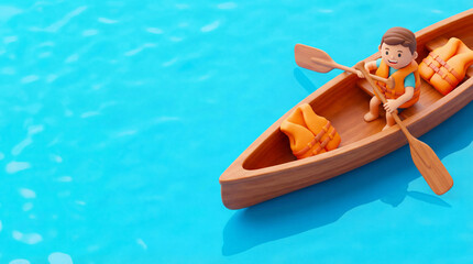 Cartoon boy rowing wooden canoe on blue water