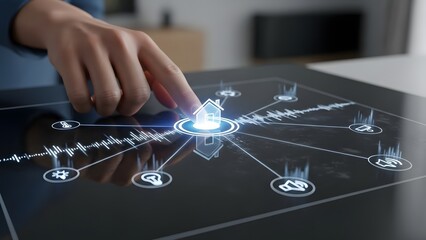 Futuristic Smart Home Control System A Hand Interacting with a Holographic Interface, Managing Connected Devices and Automation for Modern Living and Enhanced Convenience