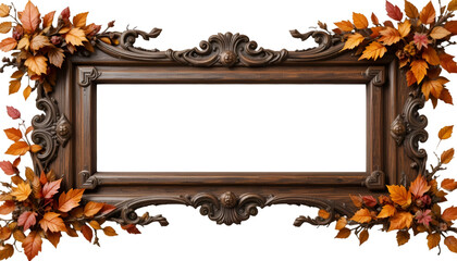 Ornate wooden frame with vibrant autumn leaves on black background