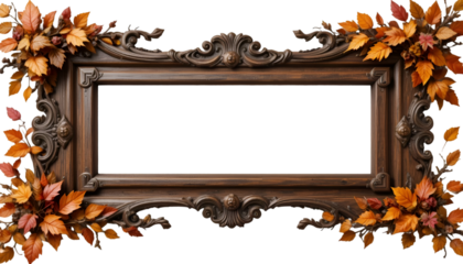 Ornate wooden frame with vibrant autumn leaves on black background