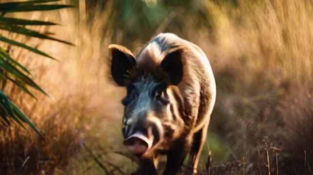 A wild boar walking through tall, dry grass.
