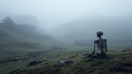 Fototapeta premium A skeletal figure kneels on a grassy hillside, gazing toward misty, rolling hills. An old stone structure fades into the fog