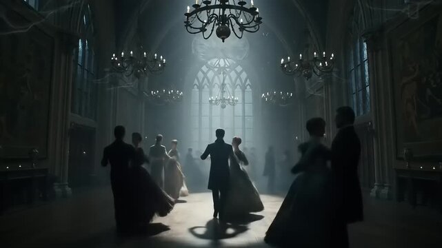 Elegant ballroom scene with couples dancing in period costumes under chandeliers