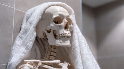 A skeletal figure wrapped in a soft, white towel, positioned in a modern bathroom setting with tiled walls. Soft lighting creates shadows