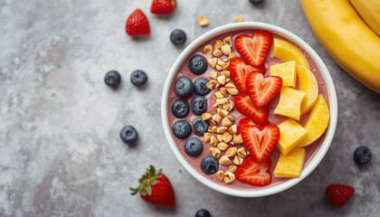 Smoothie bowl with banana mango strawberry blueberry and peanut garnish, bright healthy breakfast
