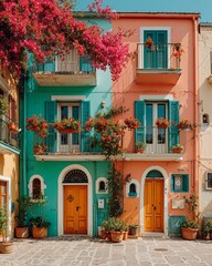 Colorful Mediterranean fa&ccedil;ades with turquoise shutters, yellow doors, flowers and balconies in a bright summer street scene, romantic European architecture and floral travel aesthetic.