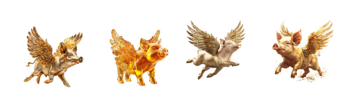 Four Flying Pigs with Wings Illustration  Fantasy Creatures Flying in Sequence