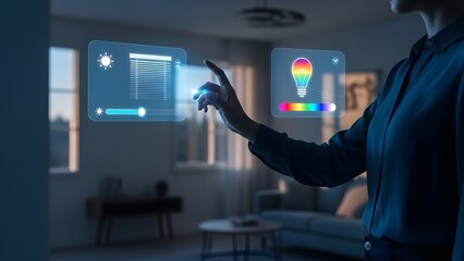 Woman interacting with advanced smart home system, effortlessly adjusting light settings and controlling blinds via futuristic holographic interface in modern living space