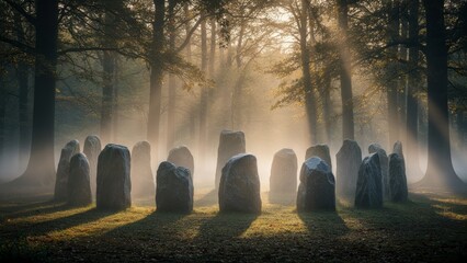 Mysterious stone circle in a foggy forest at dawn with sunlight shining through the trees