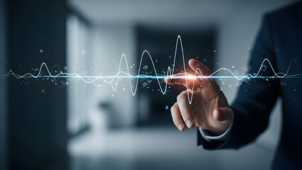 Futuristic hand interacting with a glowing sound wave visualization, representing audio technology and digital data analysis