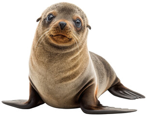 A realistic, intricately detailed juvenile fur seal with dark, expressive eyes and a wet, brown coat, posed alertly with digital artifacting in vibrant pixel, isolated on transparent background.