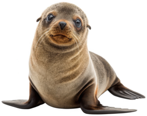 A realistic, intricately detailed juvenile fur seal with dark, expressive eyes and a wet, brown coat, posed alertly with digital artifacting in vibrant pixel, isolated on transparent background.