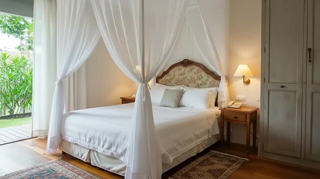 Elegant Hotel Suite Interior with Four-Poster Bed and Hydrangea Flower Arrangement