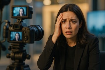 Woman in a black blazer looks stressed while facing a camera indoors. Concept of media pressure and stress