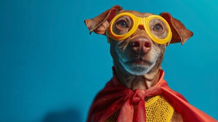 A small brown canine, adorned with yellow glasses and a red cape, poses against a vivid teal backdrop, exuding playful heroism