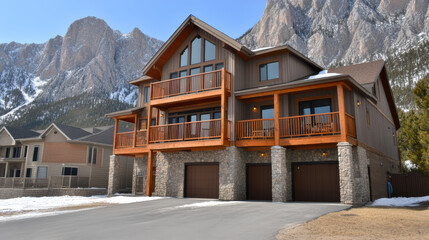 Scenic mountain chalet exterior with warm lights and snow, spacious wooden balconies and stone