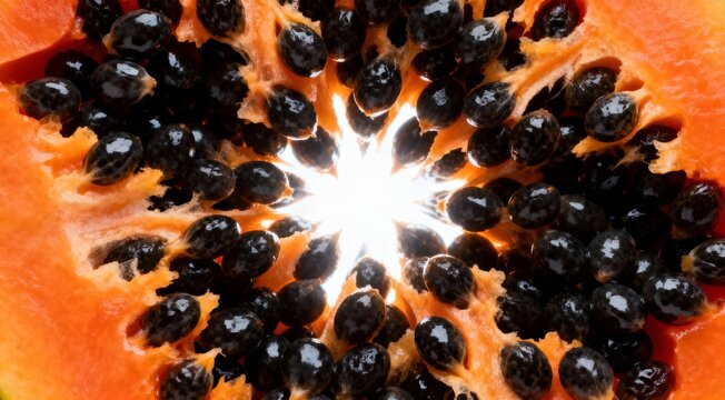 Papaya seeds scattered in explosive radial symmetry, bright equatorial light, black seeds on orange
