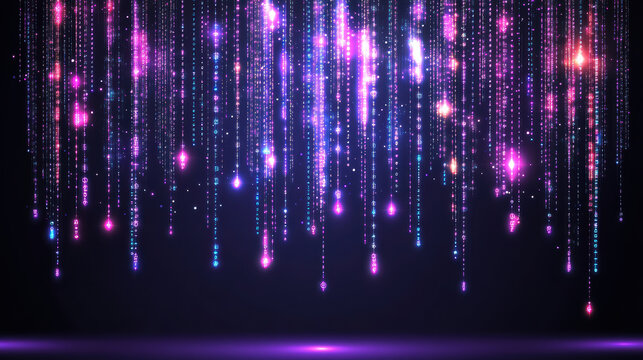 Glowing vertical binary rain of pink and blue lights with dreamy futuristic sparkle