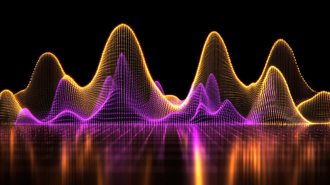 Neon data waveform landscape glowing peaks and valleys with reflective floor