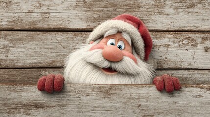 A smiling, animated figure with a white beard, red hat, and suit peeks over a weathered, wooden surface, spreading holiday cheer