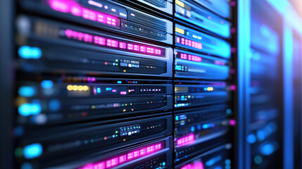 Rack of illuminated server units data center with cool blue and magenta lighting, vibrant high